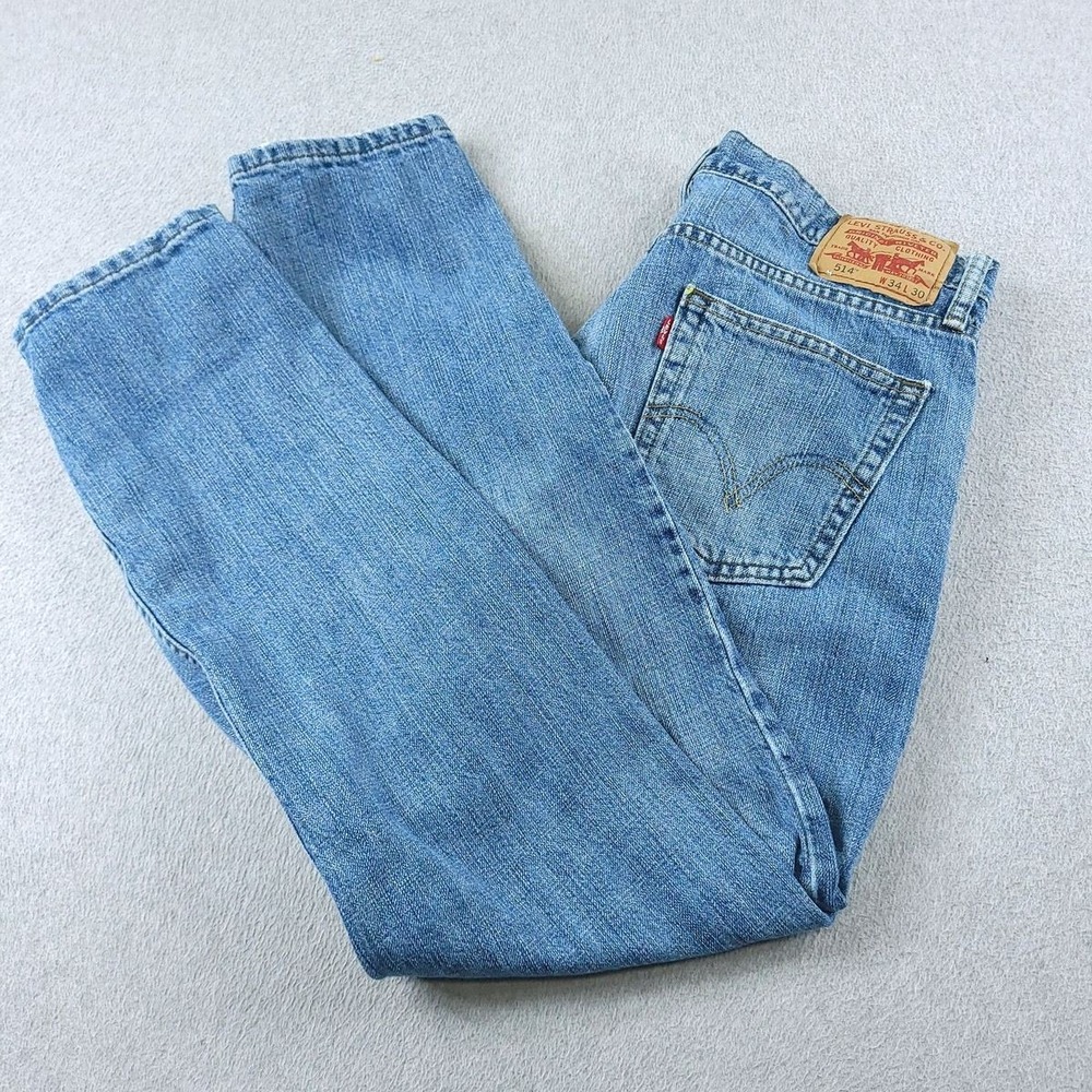 Levis 514 Jeans Mens 34x30 Blue Slim Straight Denim Distressed 100 Cotton HOLE